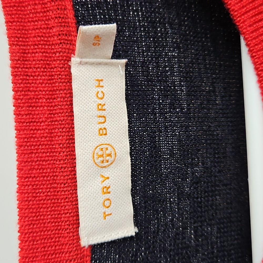 Tory Burch Sweater Navy Blue Red Logo 100% Merino Wool Sz Small Womens - Picture 4 of 5